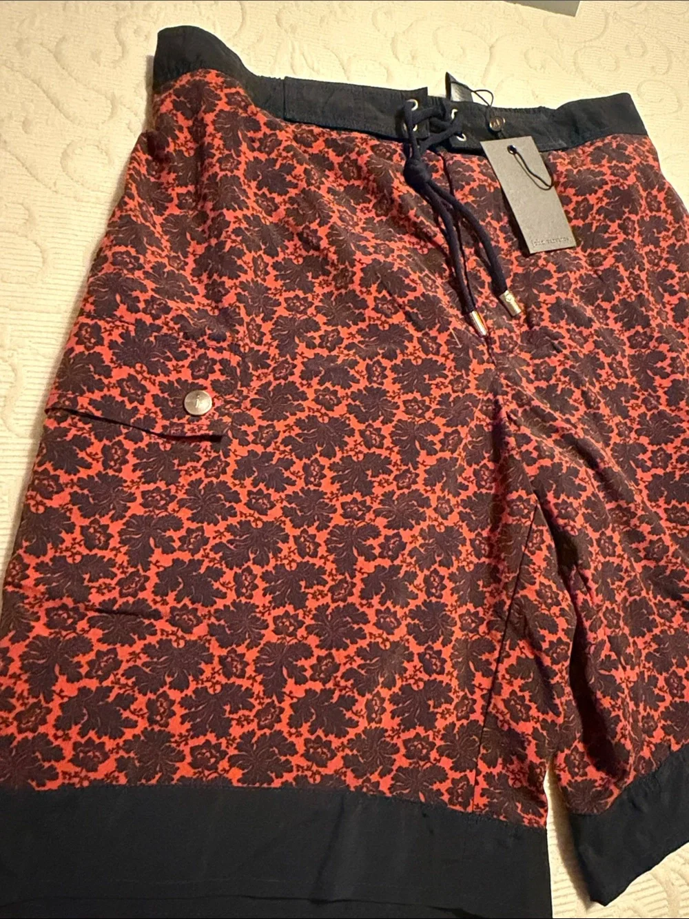 John Varvatos Red Floral Swim Board Shorts with Navy Trim